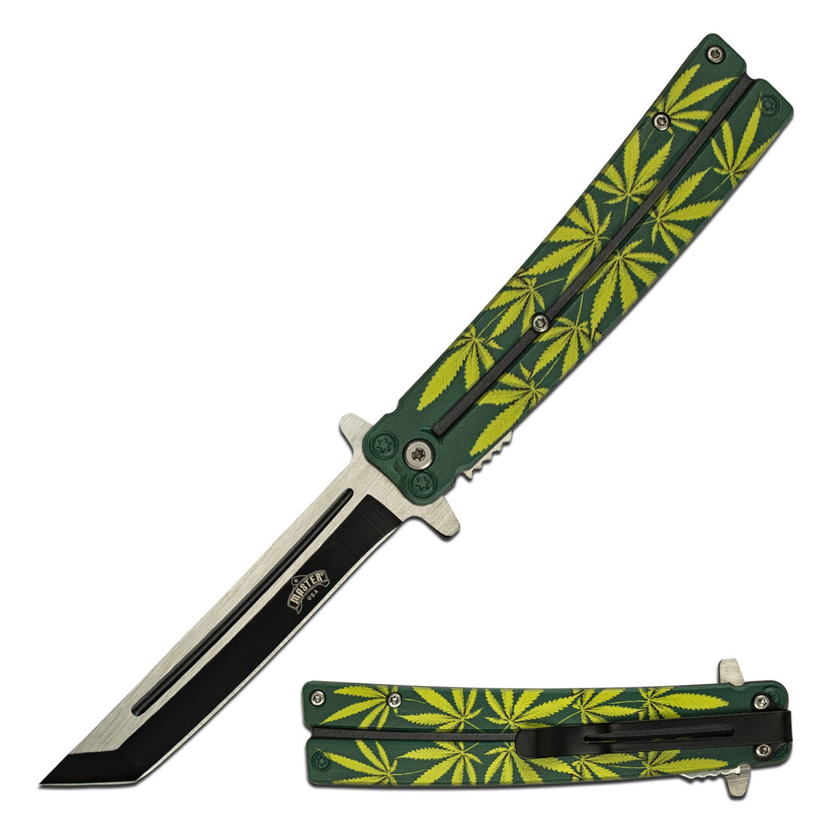 Spring Assist Open Tanto Blade Cannabis Leaf Design Handle - TOPHATTER'S ARMORY DEALS