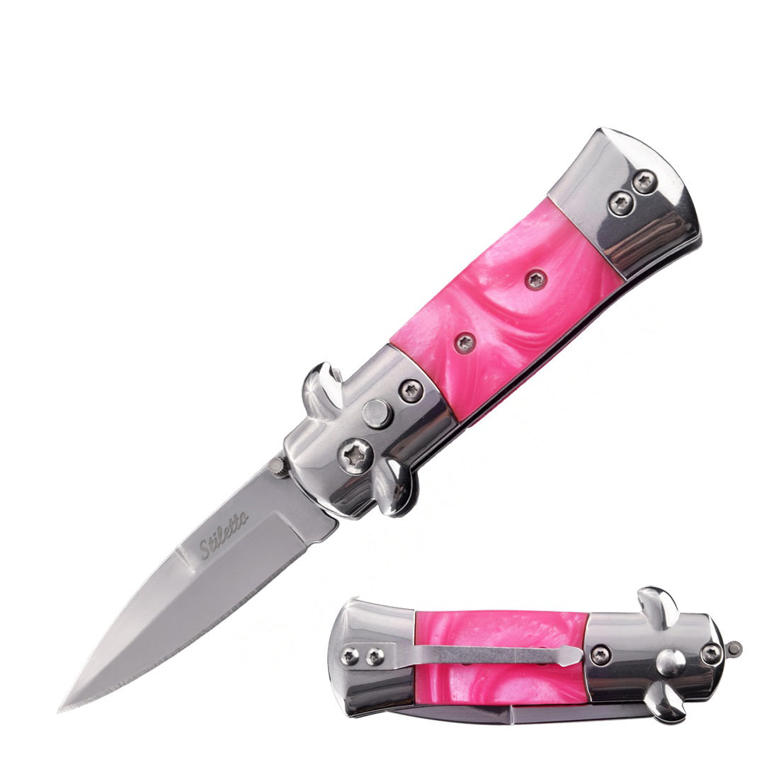 5.65" Mini Stiletto Switch Blade Automatic Knife - Pink Pearl Handle - TOPHATTER'S ARMORY DEALS