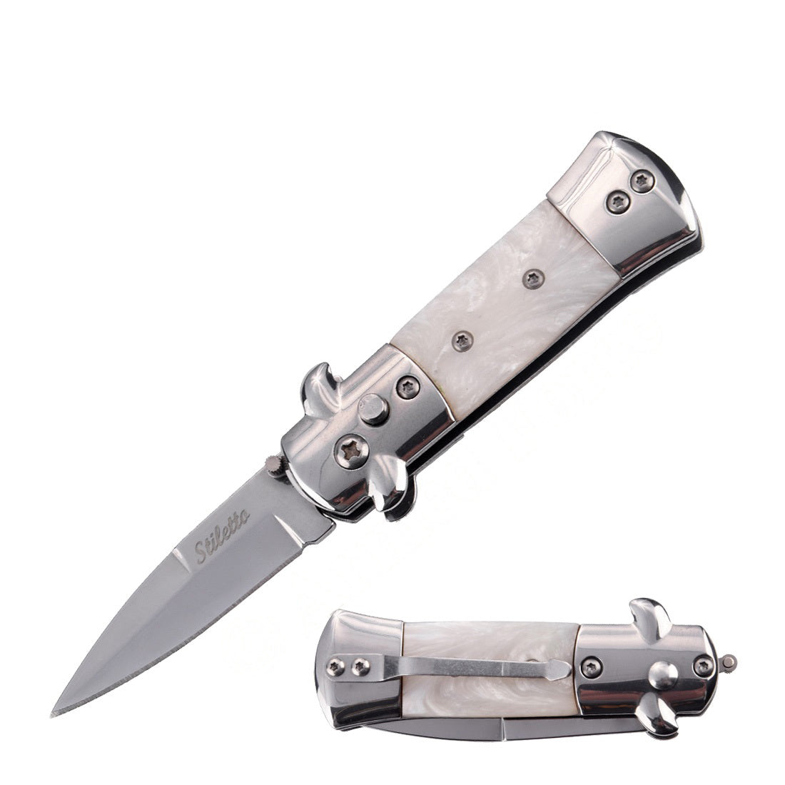 5.65" Mini Stiletto Switch Blade Automatic Knife - White Pearl Handle - TOPHATTER'S ARMORY DEALS