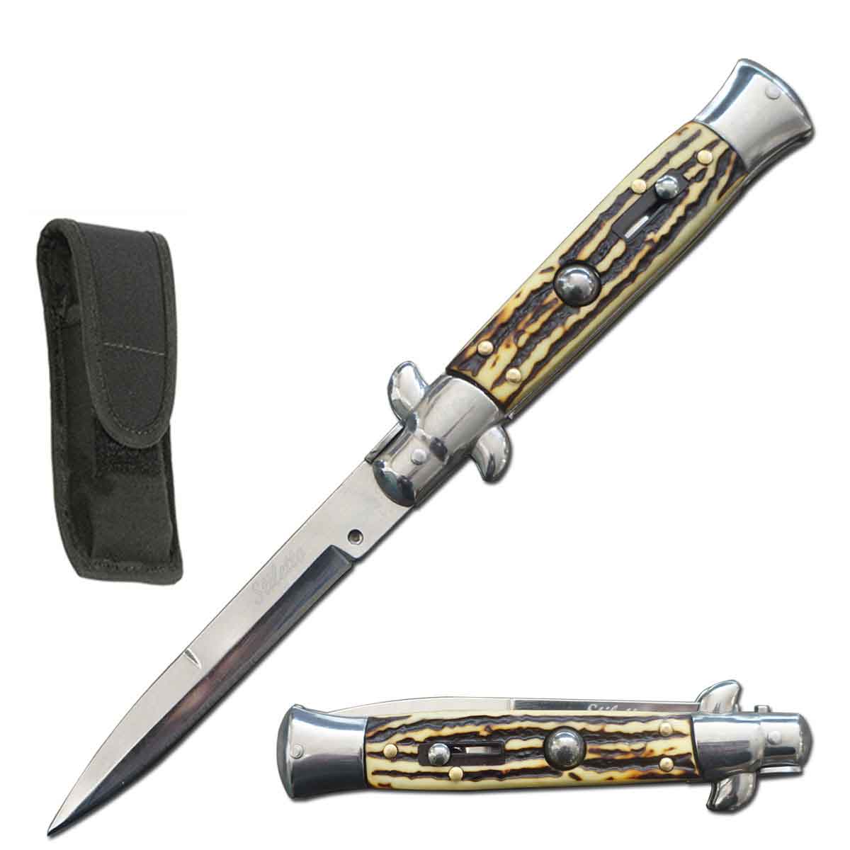 8.75" Italian Stiletto Automatic Switch Blade Knife Stag Handle - TOPHATTER'S ARMORY DEALS