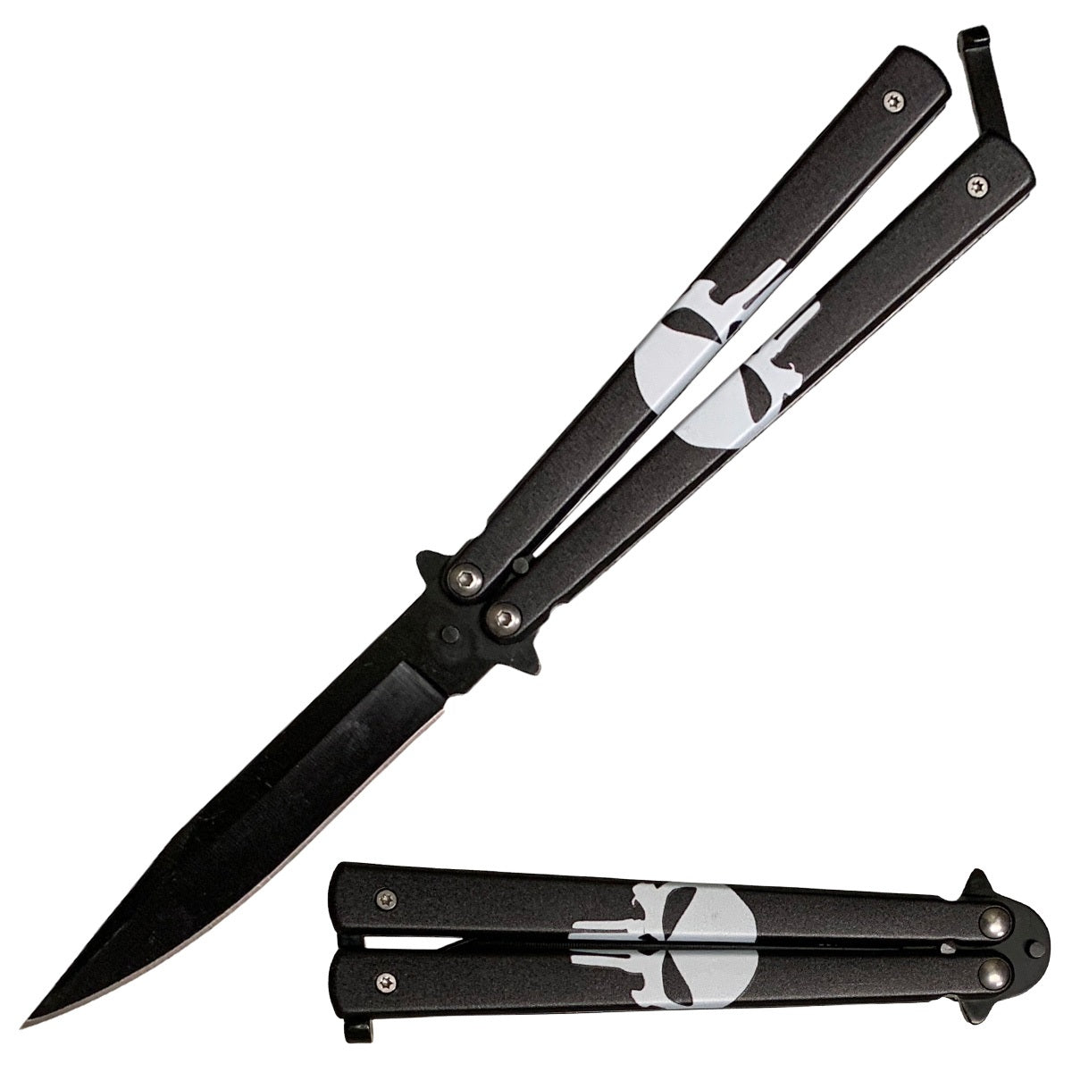 5" Closed Stainless Steel Butterfly Knife - Skull Punisher - TOPHATTER'S ARMORY DEALS