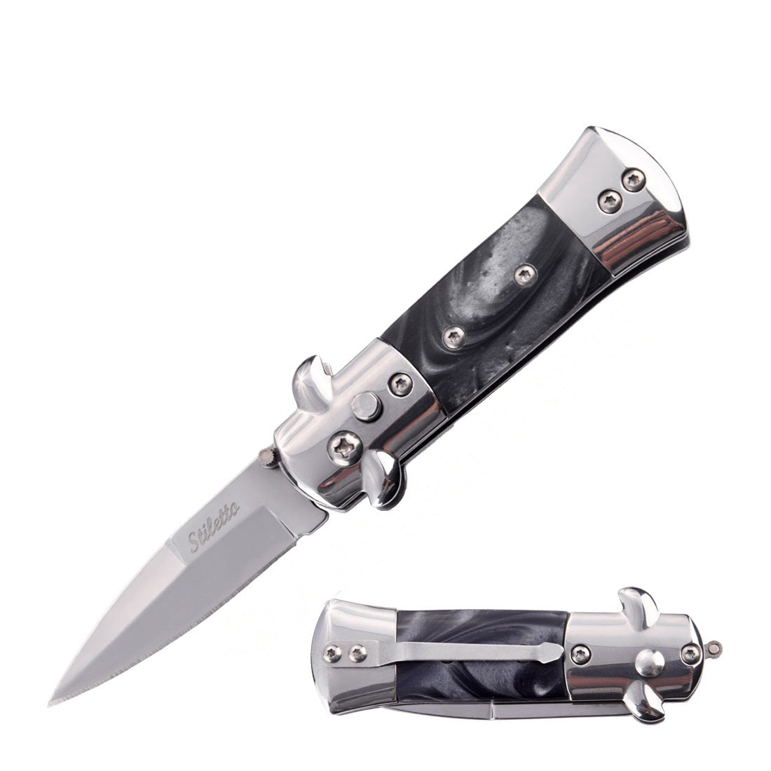 5.65" Mini Stiletto Switch Blade Automatic Knife - Black Pearl Handle - TOPHATTER'S ARMORY DEALS
