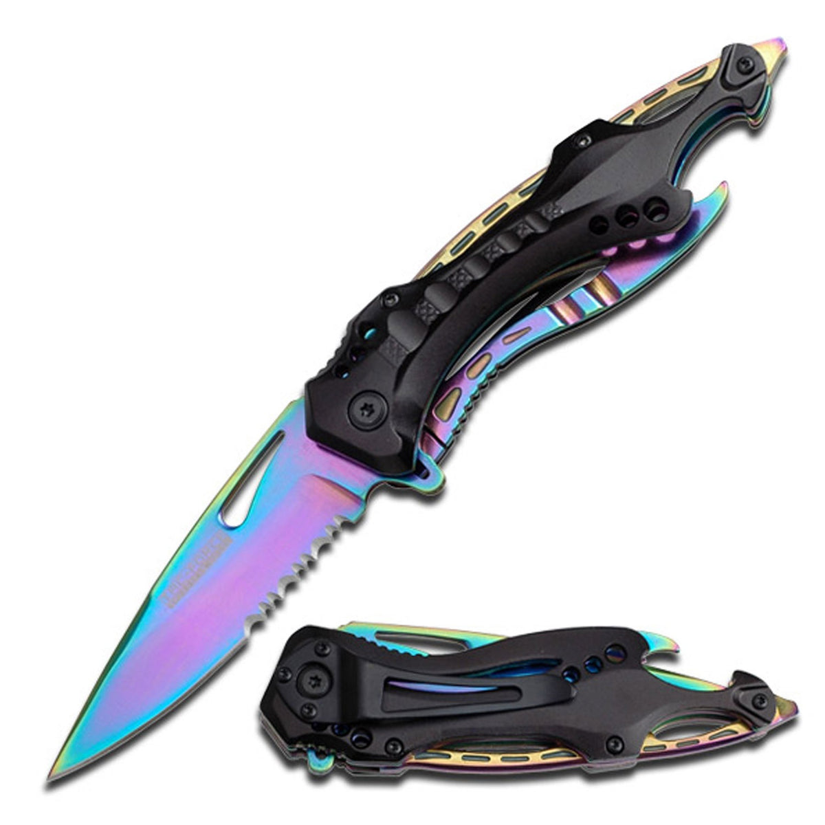 Spring Assist Folding Pocket Knife Serrated Rainbow Survival EDC - TOPHATTER'S ARMORY DEALS
