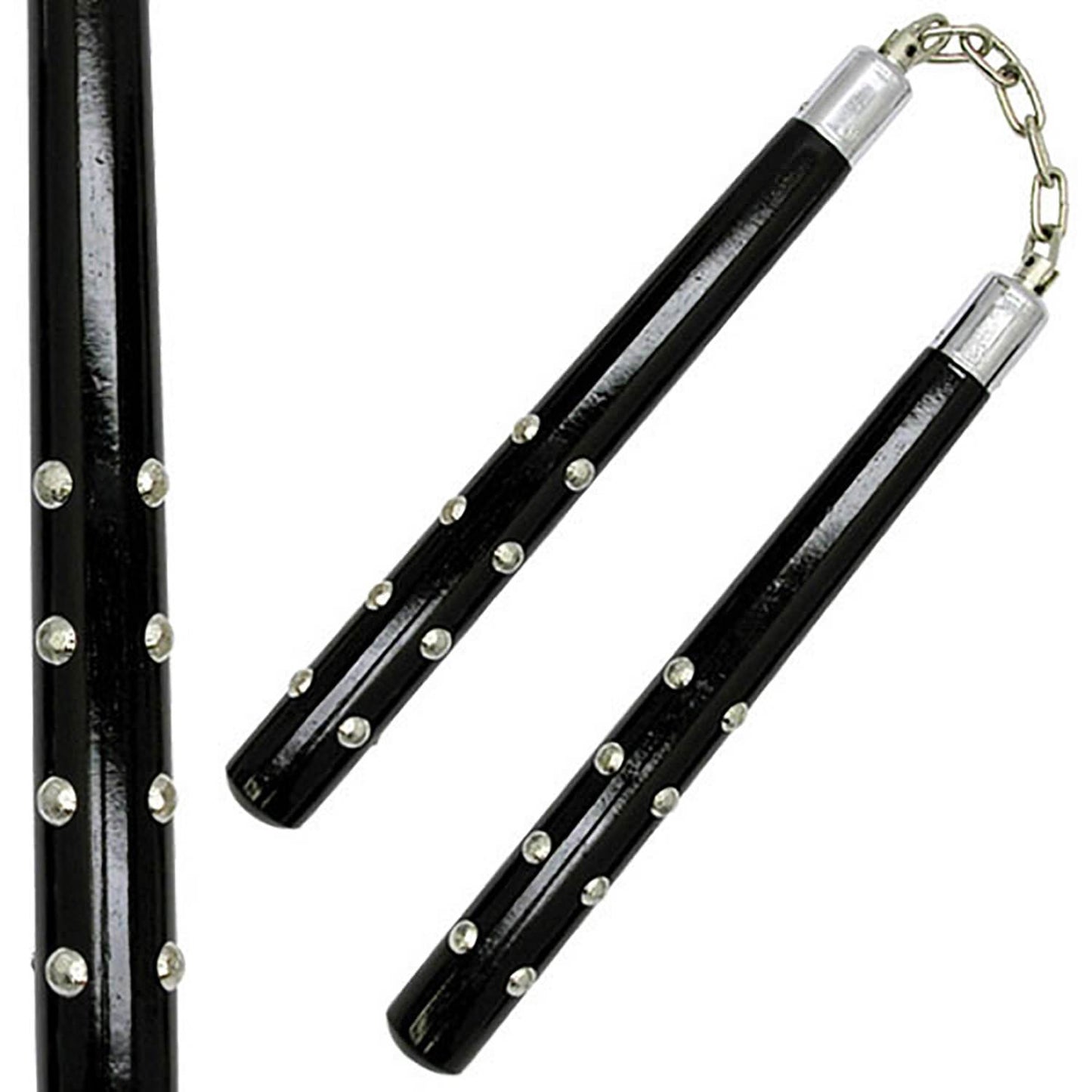 12" Black Wooden Nunchaku with Chrome Studs