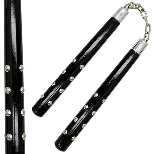 12" Black Wooden Nunchaku with Chrome Studs