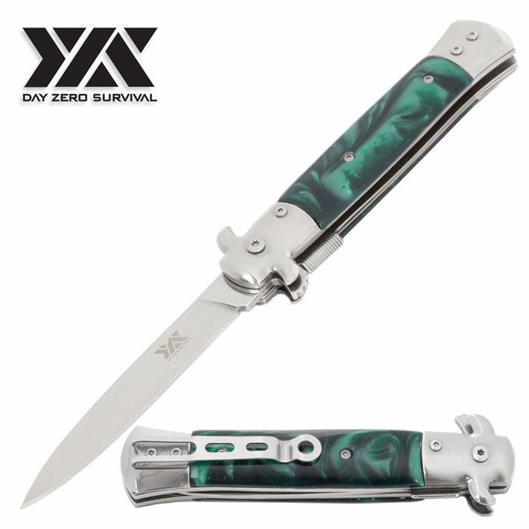 9" Italian Milano Green Stiletto Style DZS Spring Assisted Open Pocket Knife - TOPHATTER'S ARMORY DEALS