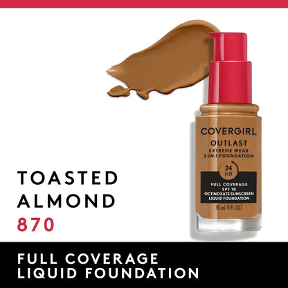Covergirl Outlast Extreme Wear 3-in-1 Full Coverage Liquid Foundation, SPF 18 Sunscreen, Toasted Almond, 1 Fl. Oz.