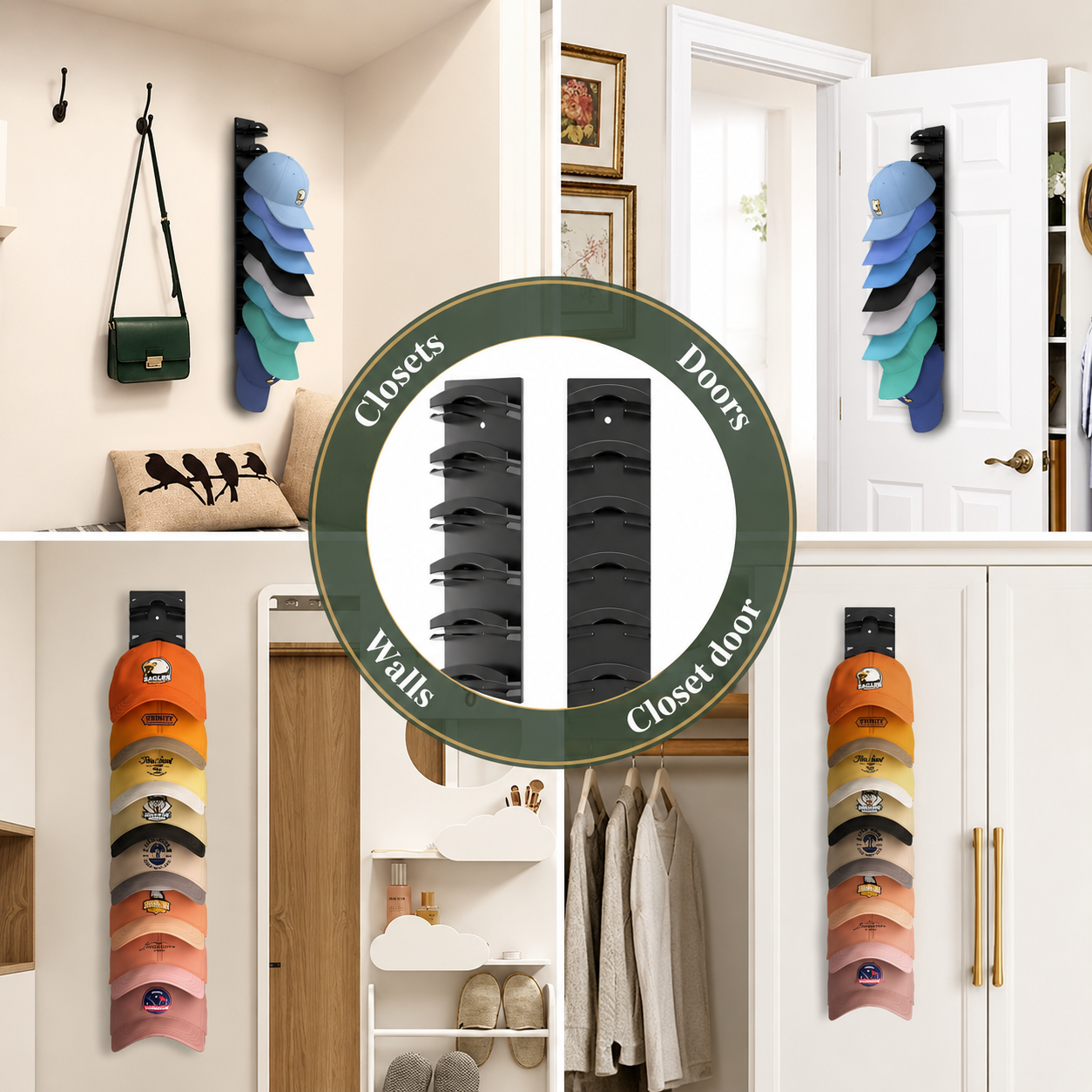 Wall-Mounted Hat Organizer Rack - Holds 10 Caps in Minimal Space