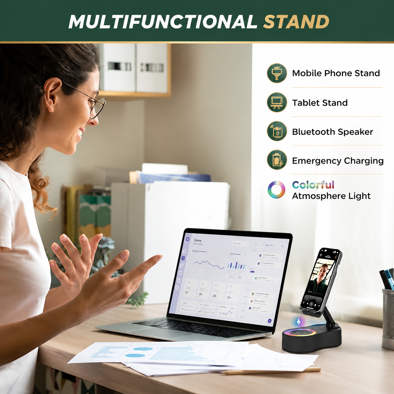 Aesthetic LED Bluetooth Speaker Phone Stand for Your Desk, Karaoke and Live Streaming