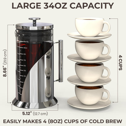 Cafe Du Chateau Cold Brew Coffee Maker - 34oz Airtight Iced Coffee & Tea Pitcher with Measuring Label, Stainless Steel Filter, Ideal for Fridge Storage