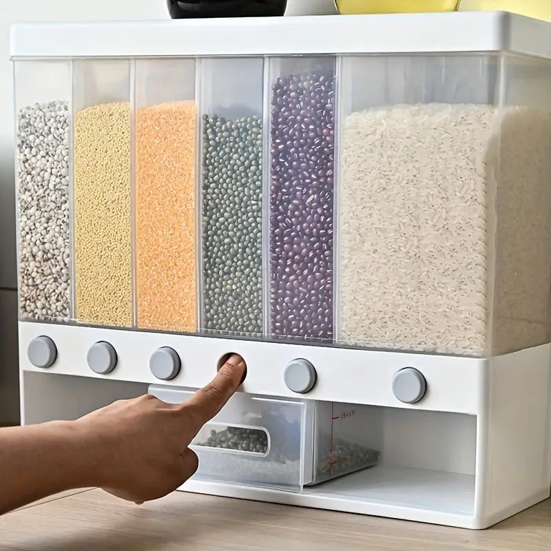 1pc Wall-Mounted Multi-Grid Food Dispenser - Large Capacity Rice Bucket