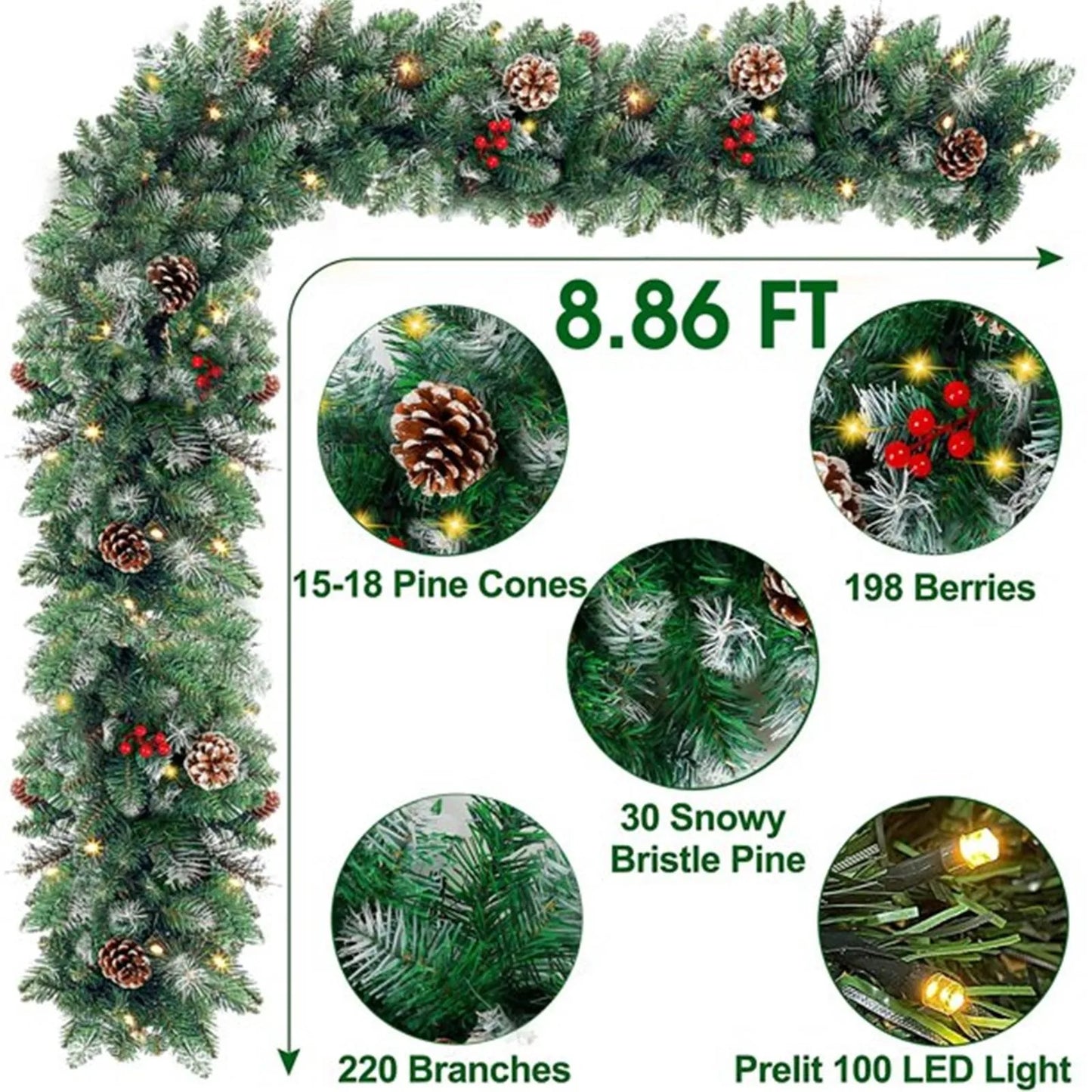 8.86ft/270cm Handmade Christmas Garland with Red Berry Branches