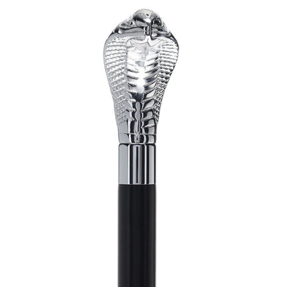 Snake Premium Chrome Brass Flask Cane: Wood Shaft Hidden Flask