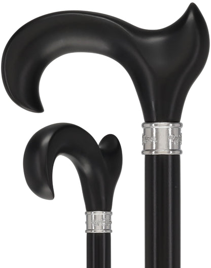 Hand-Specific Black Ergonomic Derby Cane: Silver Collar