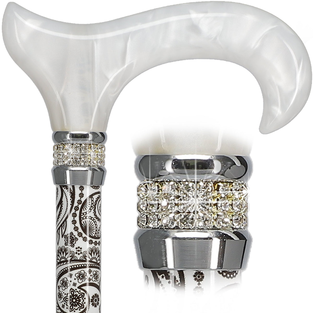 Black & White Swirl Pearlz Rhinestone Orthopedic Derby Cane