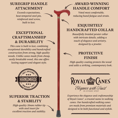 Striking Mahogany Red Derby Cane: Premium Natural Ash Wood w/ Pewter Collar