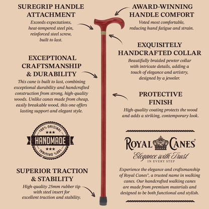Super Strong Derby Handle Cane - Ash Wood, Pewter Wheat Collar, Matching Stain, 3 Color Options