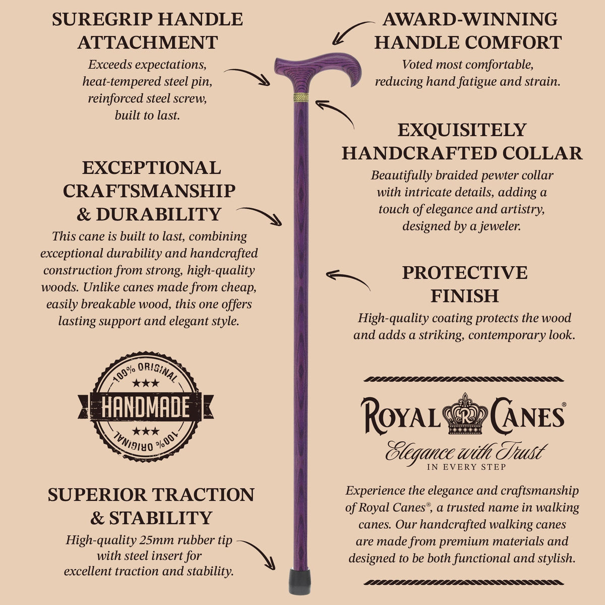 Super Strong Derby Handle Cane - Ash Wood, Pewter Wheat Collar, Matching Stain, 3 Color Options