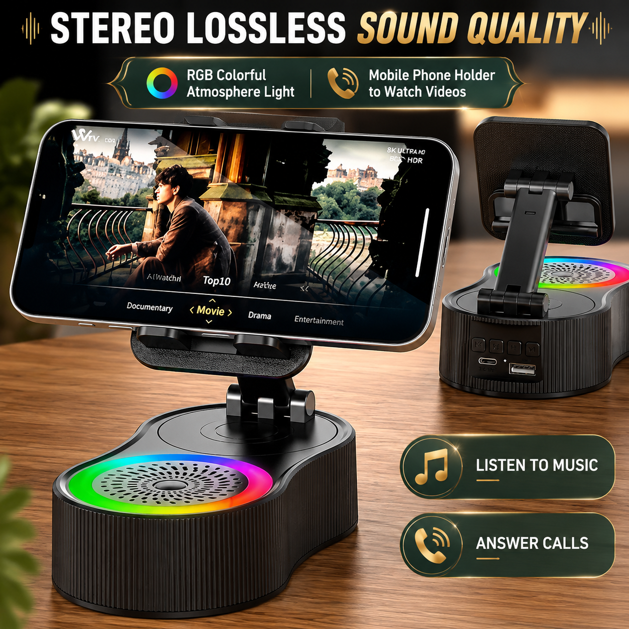 5-in-1 Bluetooth Speaker Phone Holder Gift with LED Lights for Music Lovers and Travel