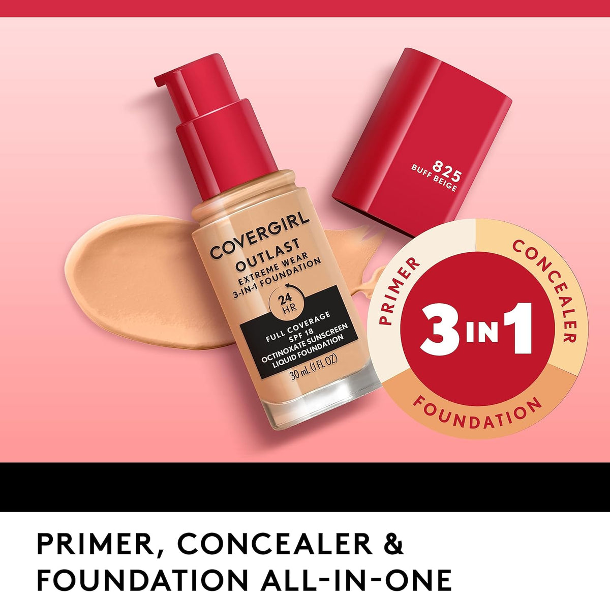 Covergirl Outlast Extreme Wear 3-in-1 Full Coverage Liquid Foundation, SPF 18 Sunscreen, Toasted Almond, 1 Fl. Oz.