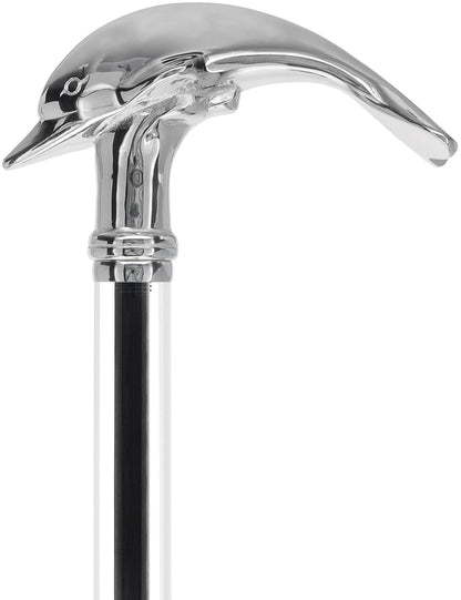 Crystal Elegance Chrome Dolphin Cane with Invisible Acrylic Shaft Options