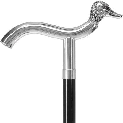 Scratch and Dent Silver 925r Duck Head Fritz Handle Walking Cane with Black Beechwood Shaft and Collar V2128