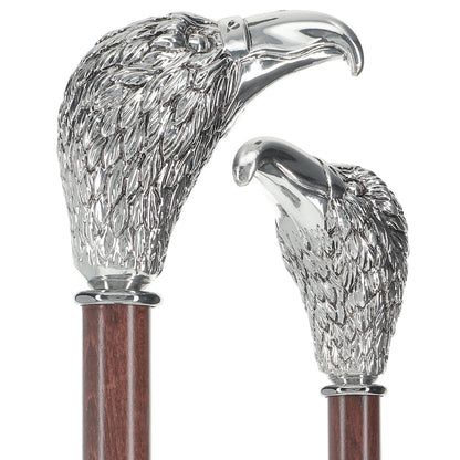 Silver 925r Hawk Head Walking Cane with Stained Beechwood Shaft and Collar