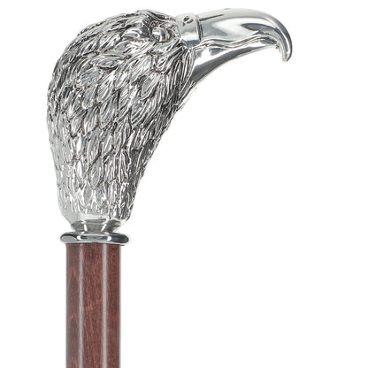 Silver 925r Hawk Head Walking Cane with Stained Beechwood Shaft and Collar