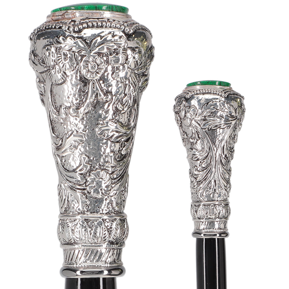 Silver 925r Knob Handle Walking Cane w/ Black Beechwood Shaft and Green Stone Pillbox