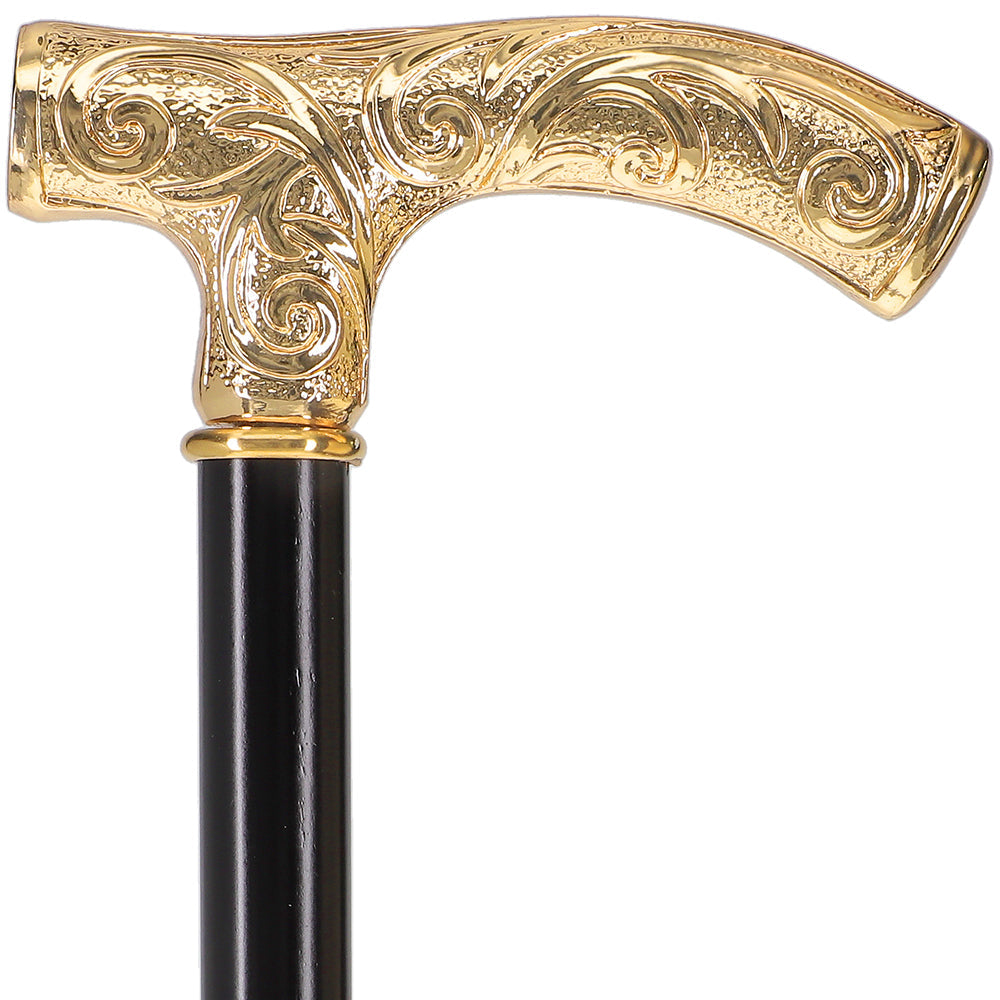 24K Gold Plated Embossed Fritz Handle Walking Cane with Black Beechwood Shaft and Collar