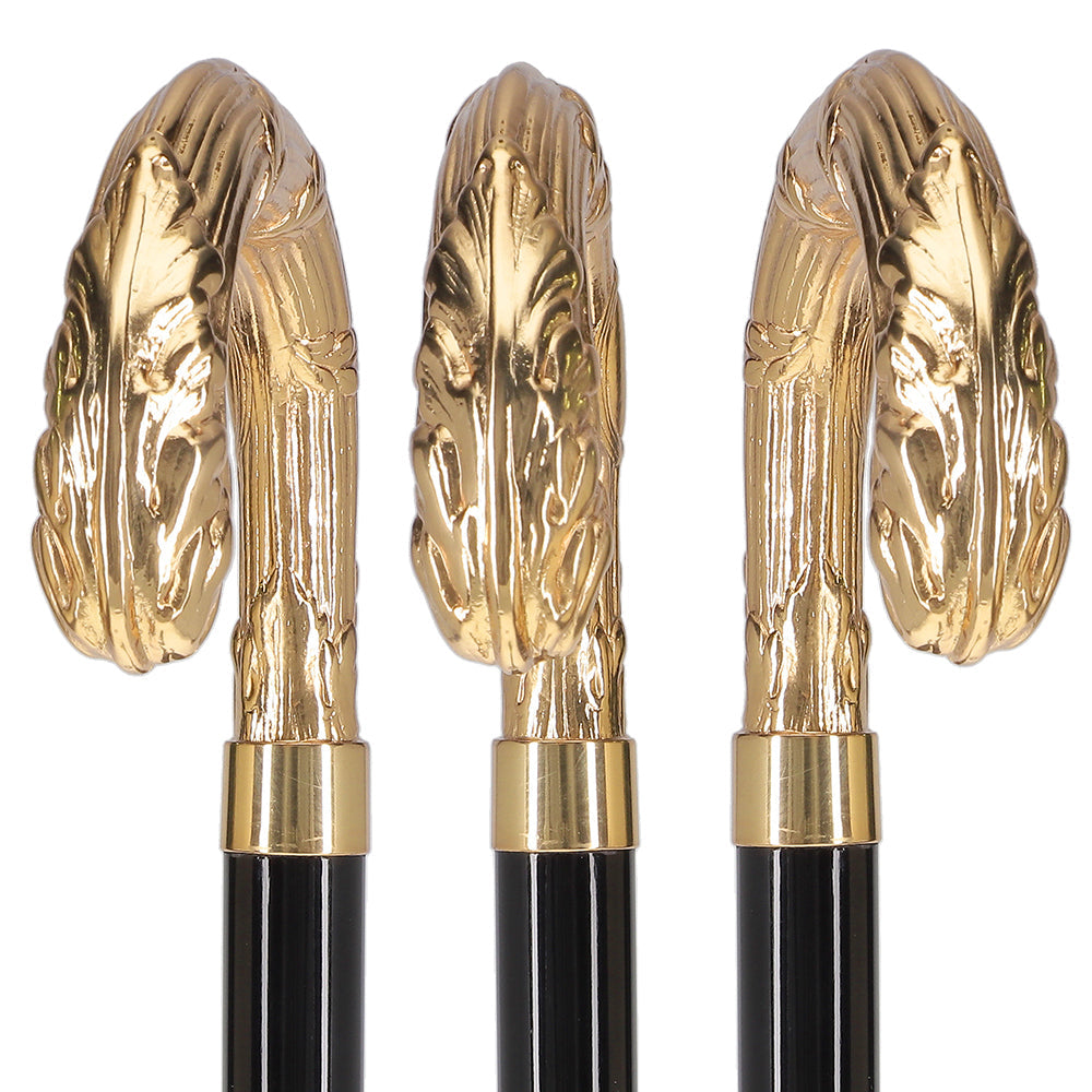 24K Gold Plated Ribbed Wheat Tourist Handle Walking Cane with Black Beechwood Shaft and Collar