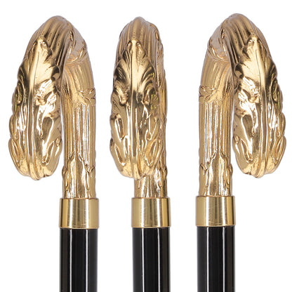 24K Gold Plated Ribbed Wheat Tourist Handle Walking Cane with Black Beechwood Shaft and Collar