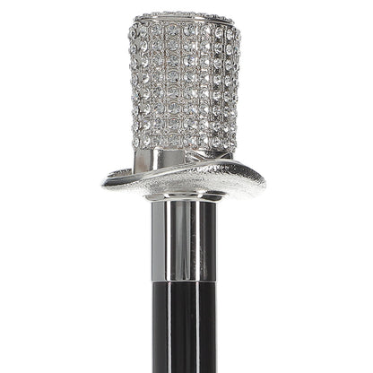 Silver 925r Top Hat - Swarovski Elements Walking Cane w/ Black Beechwood Shaft