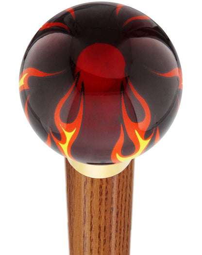 Burst of Flames Red Transparent Round Knob Cane w/ Custom Color Ash Shaft & Collar