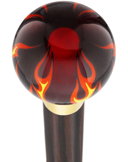 Burst of Flames Red Transparent Round Knob Cane w/ Custom Wood Shaft & Collar