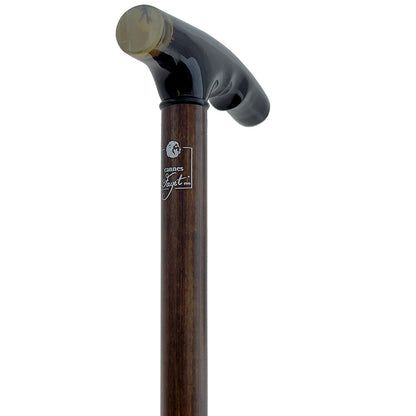 French Black Carved Horn Fritz: Walking Cane with Maple Shaft