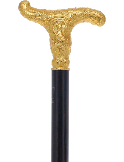 14K Gold Plate Antique Reproduction T Handle Walking Cane With Stamina Wood Shaft