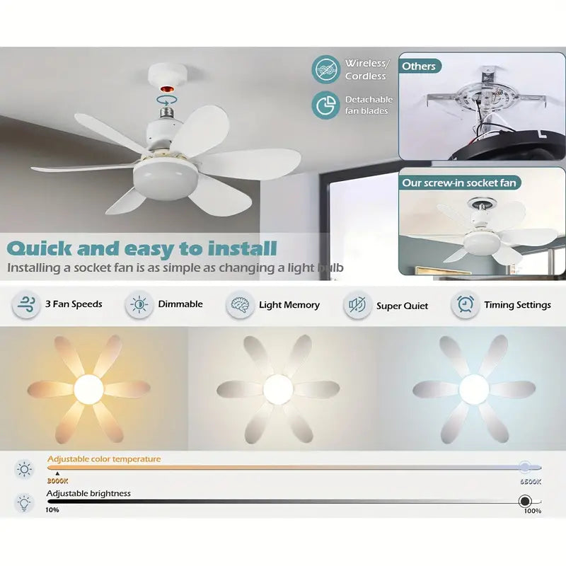 1pc Dimmable Socket Fan Ceiling with Remote Control - Traditional Style, White
