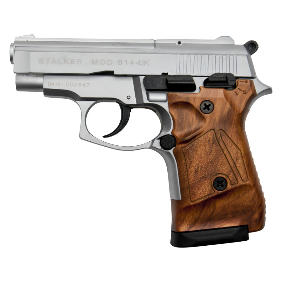 Stalker 914 Silver Finish Wood Grip - Full Automatic 9mm Blank Firing Gun