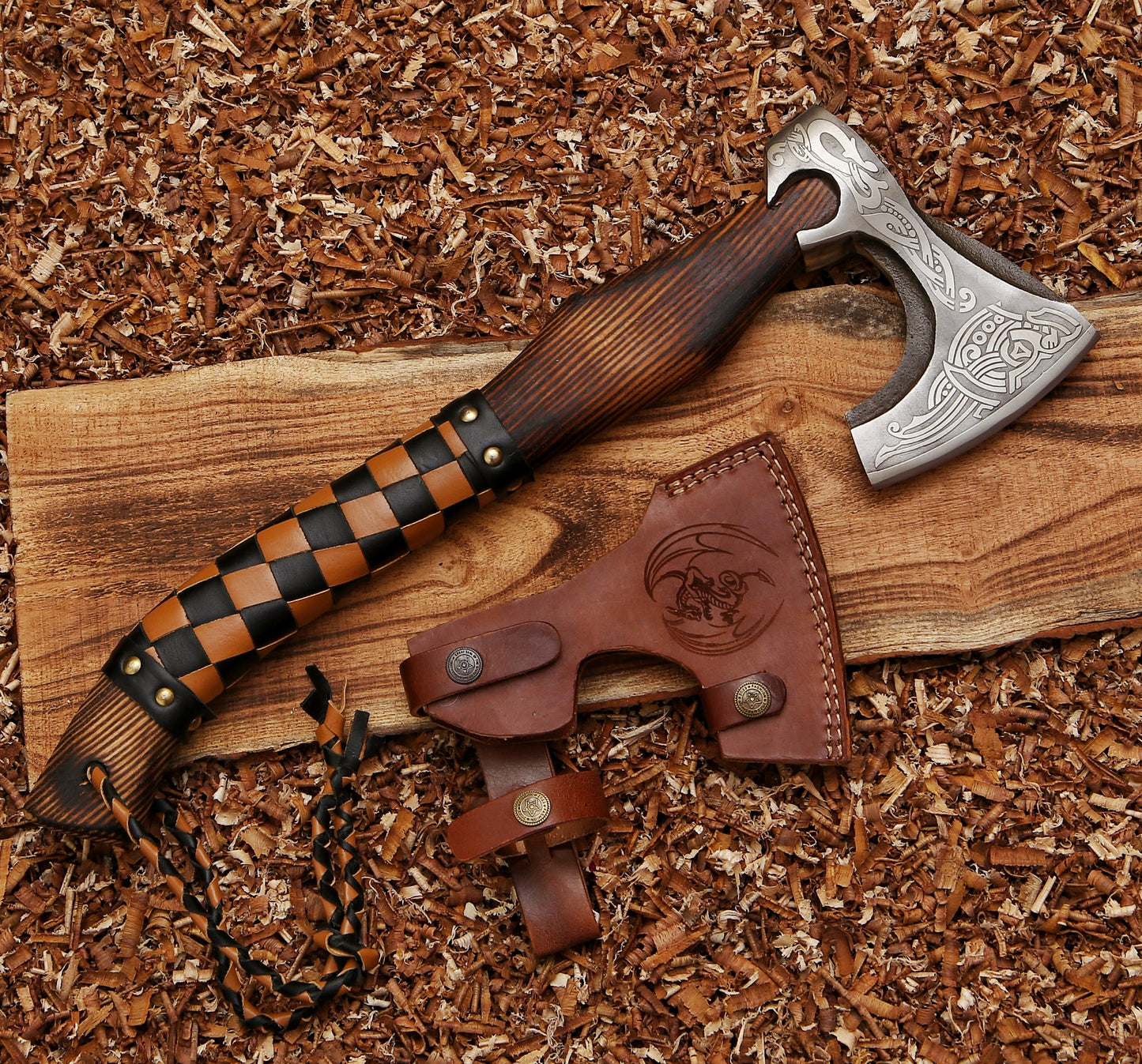 Vine Viking Axe With Leather Wrapped Ash Wood Handle