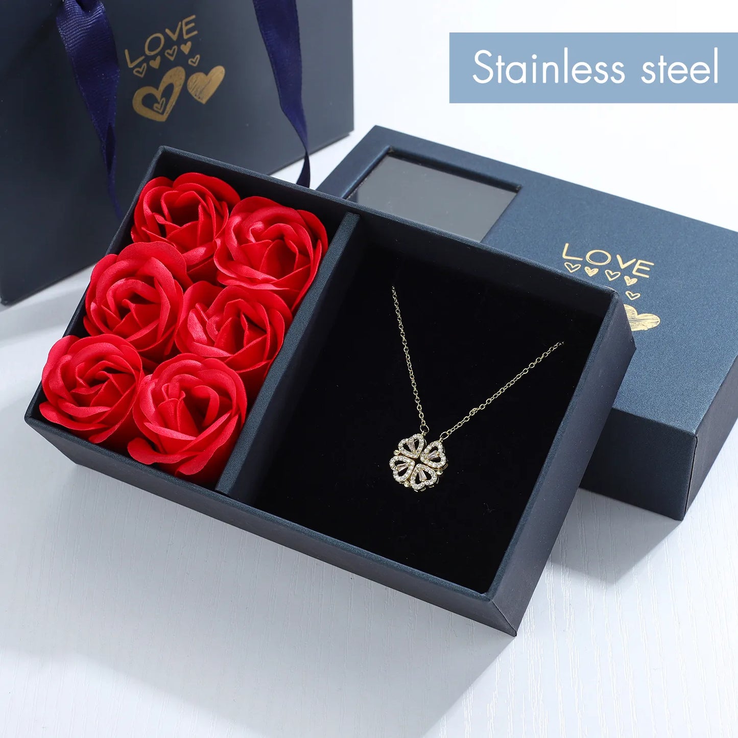 Charming Four-Leaf Clover Heart Necklace in Rose Gift Box