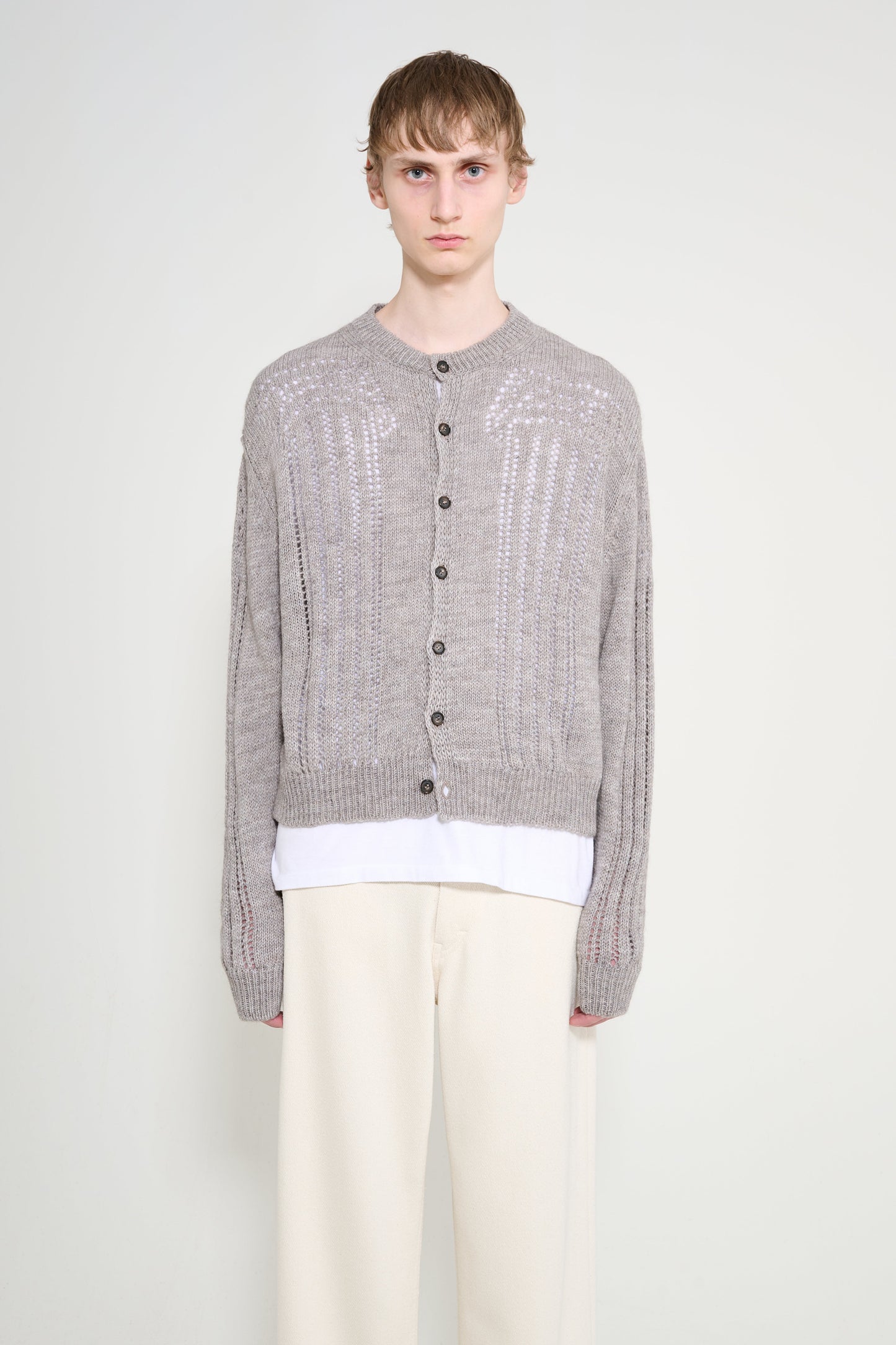 Aries Pointelle Column Cardigan Grey Marl