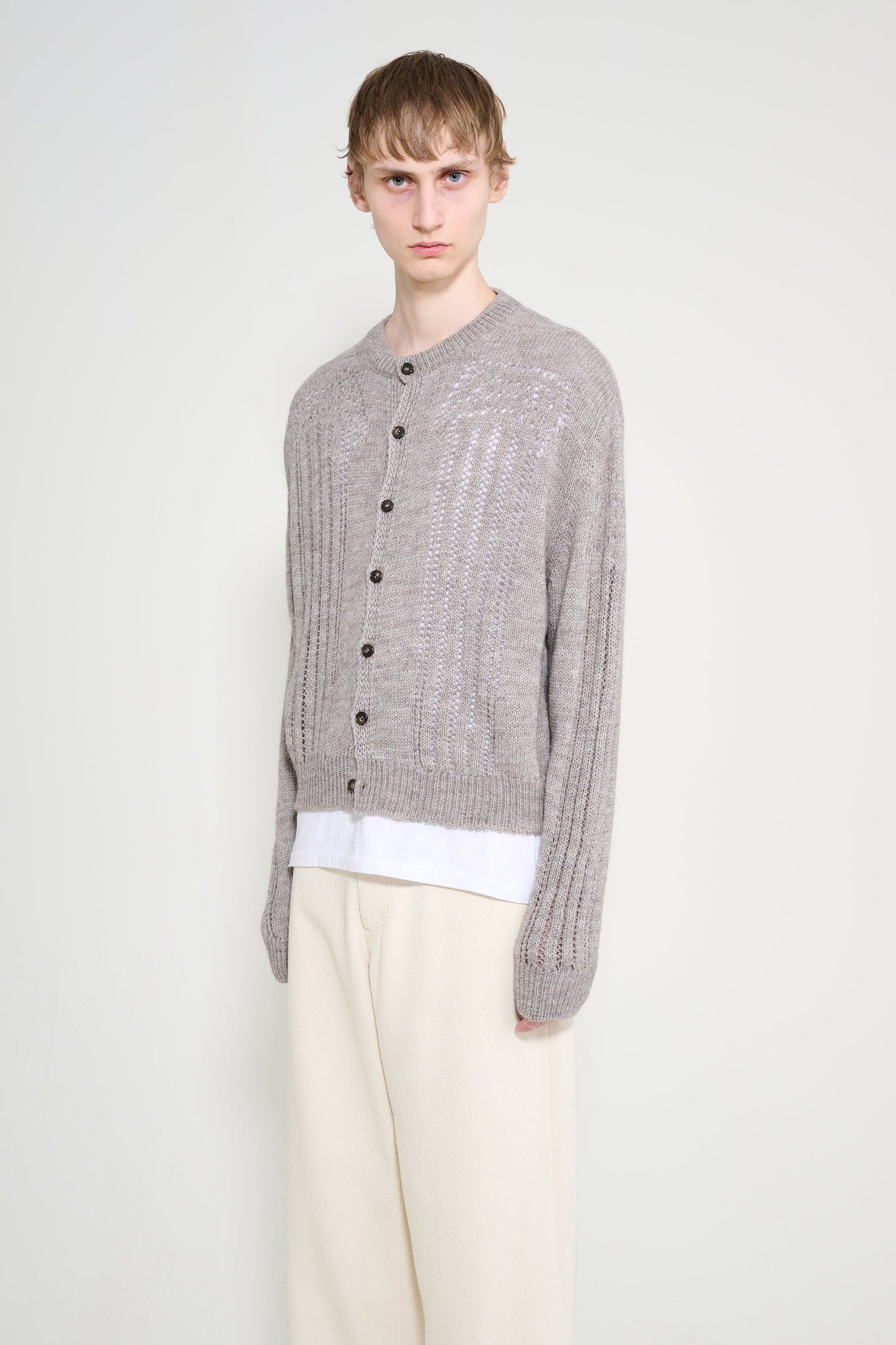 Aries Pointelle Column Cardigan Grey Marl