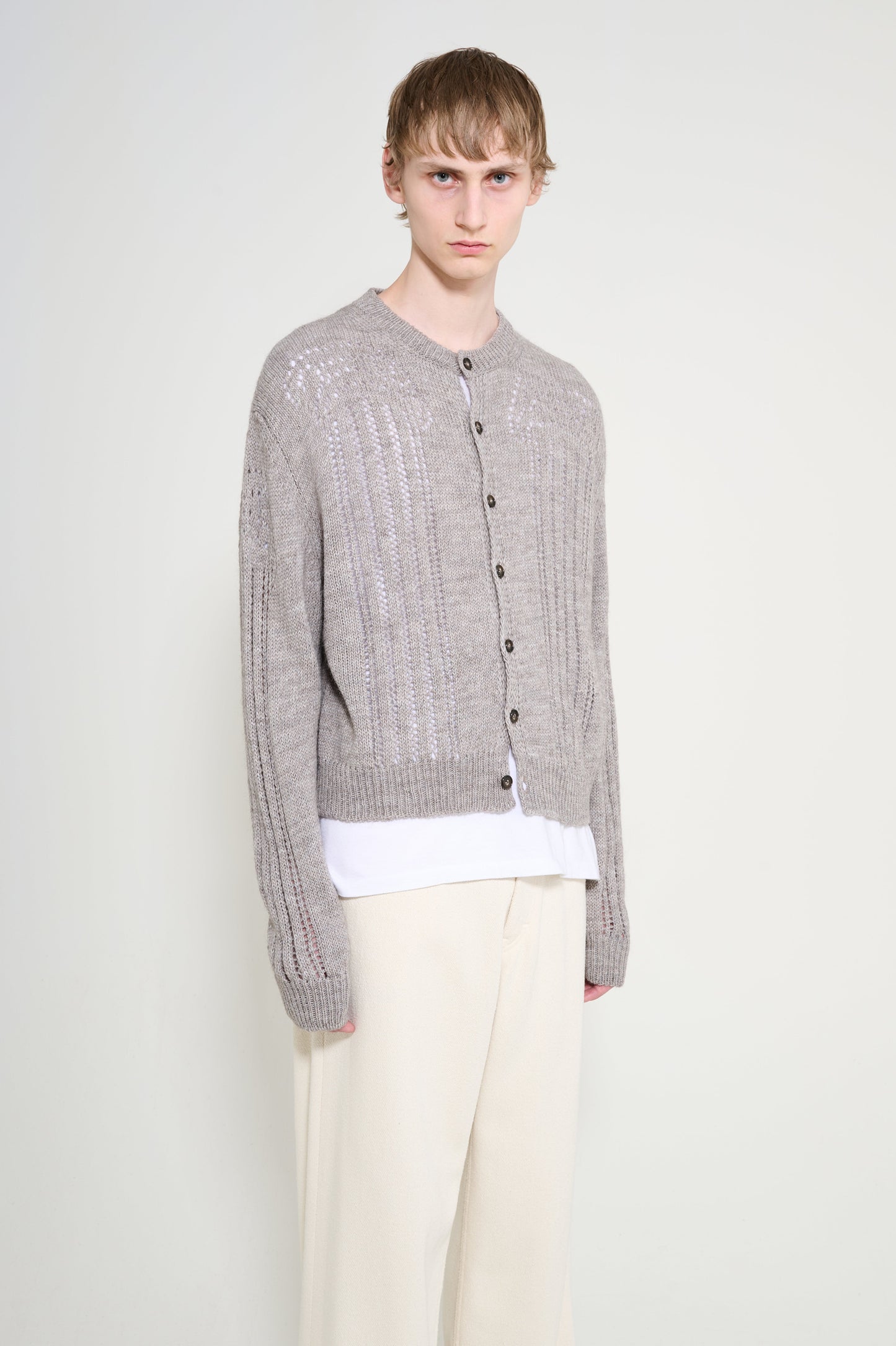 Aries Pointelle Column Cardigan Grey Marl