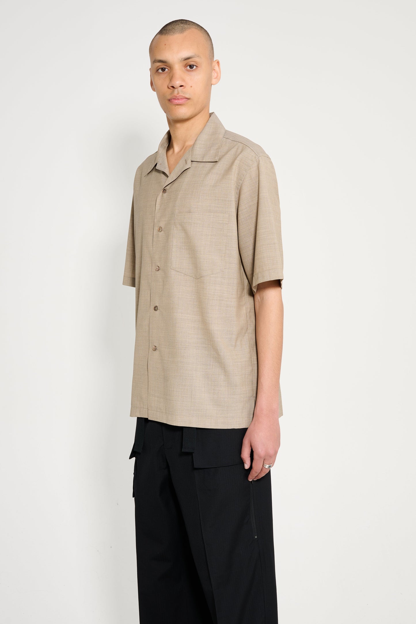 Auralee Super Fine Tropical Wool Open Collar Half Sleeved Shirt Top Light Brown