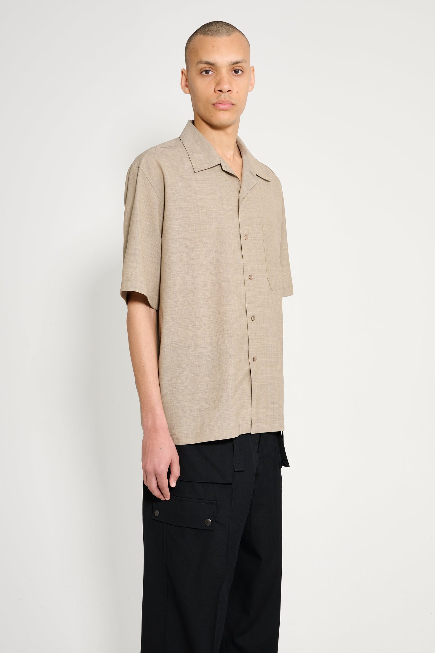 Auralee Super Fine Tropical Wool Open Collar Half Sleeved Shirt Top Light Brown