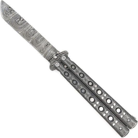 Tanto Blade Balisong Butterfly Knife | Damascus Blade | Tanto Point