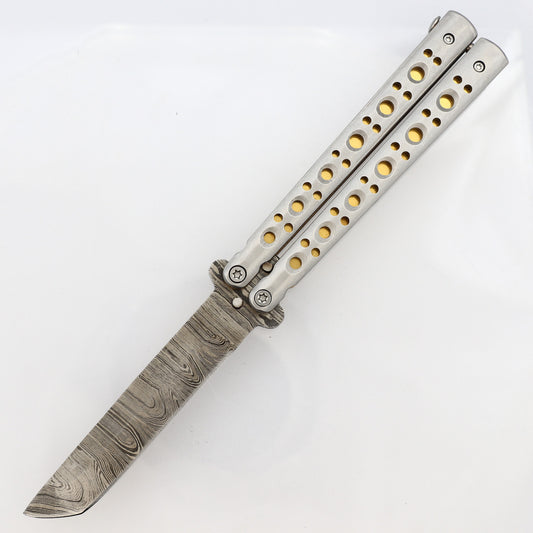 Clip Point Blade Balisong Butterfly Knife Flipper | Damascus Steel | Tanto Point
