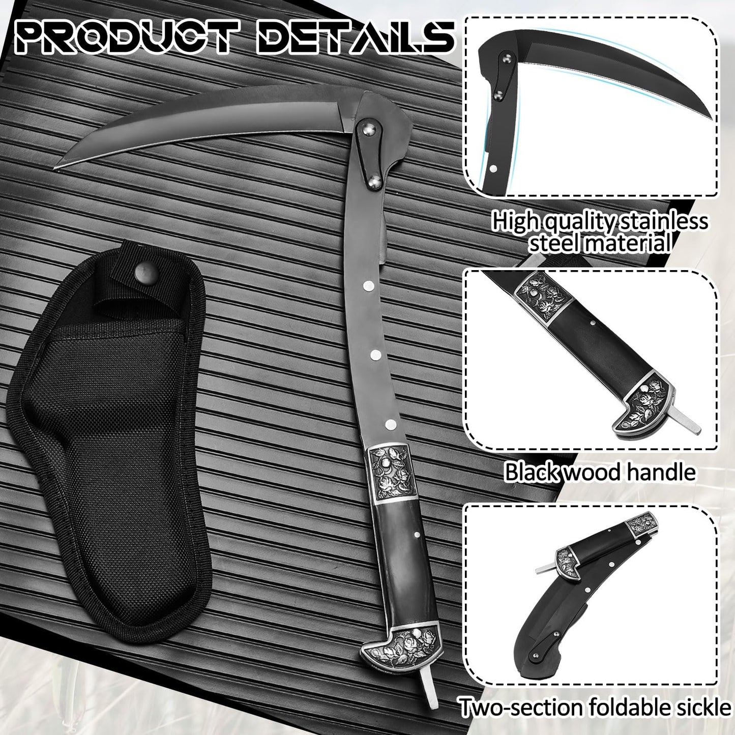 BLACK PORTABLE SHEATHED SHARP FOLDING SICKLE-BK06