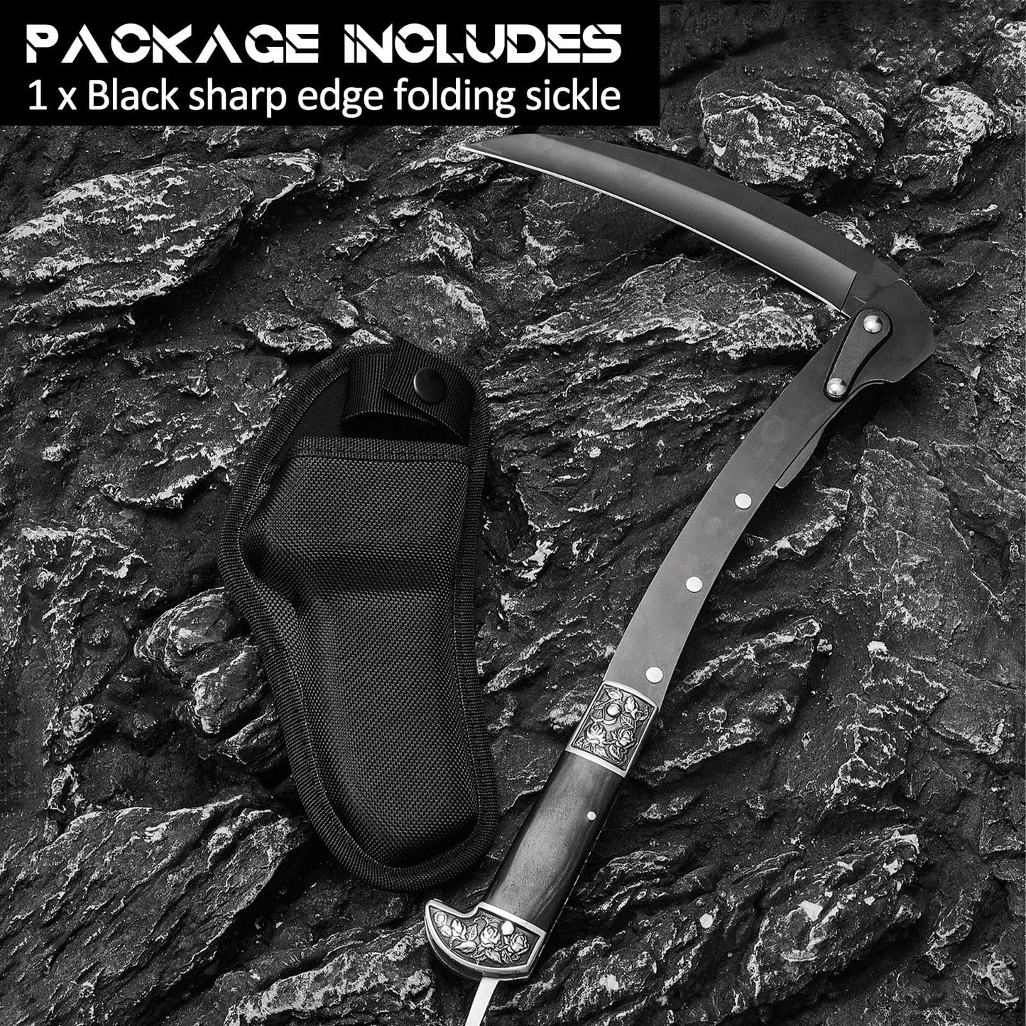 BLACK PORTABLE SHEATHED SHARP FOLDING SICKLE-BK06
